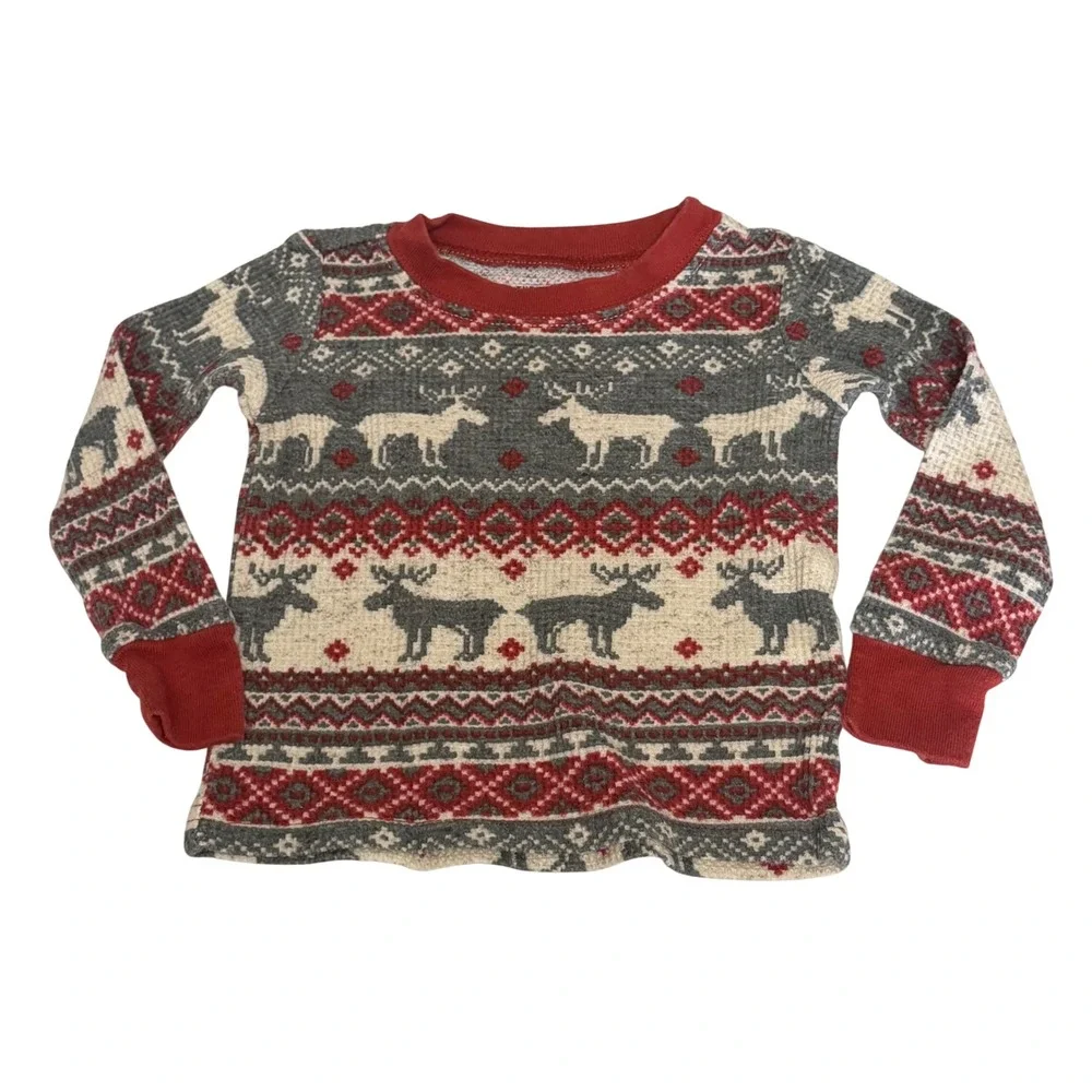 The Childrens Place Kids 3-6M Gray Red Reindeer Fair Isle Thermal Pajama Set